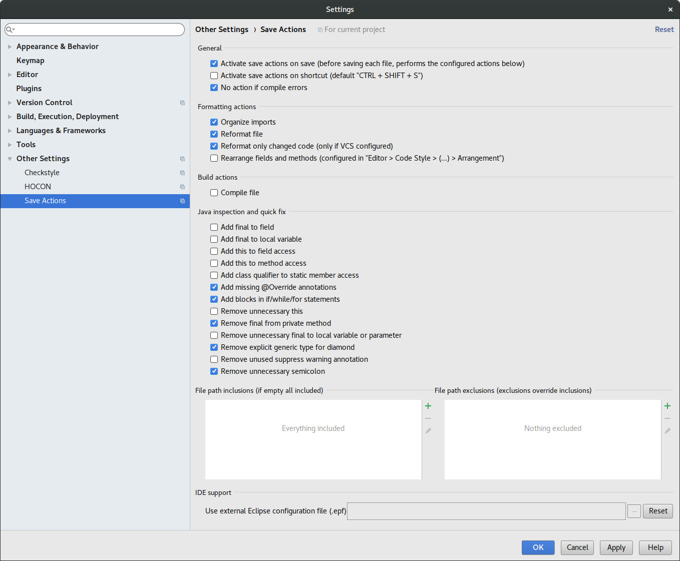 Intellij Save Actions Plugin Settings Page Java